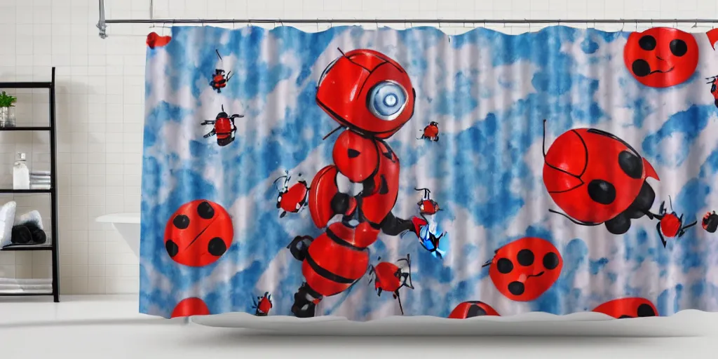 Prompt: shower curtain product catalog. wide - angle photo. on the curtain is a low - angle hero - shot watercolor of a ladybug robot. the robot has an epic showdown with darth vader. the water color has ink under drawing. highly coherent, product photography of a shower curtain, product lighting. 4 k, highly detailed. saturated.