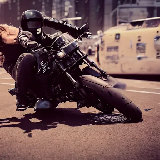 Image similar to Film still of 'Future Crew' (2050). Epic motorcycle action scene. Sigma 85mm f/1.4