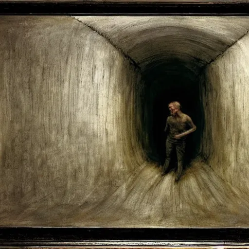 Prompt: Andrew Wyeth artwork, A man with a wooden box under his arm stands inside a dark tunnel, looking up with an expression of horror