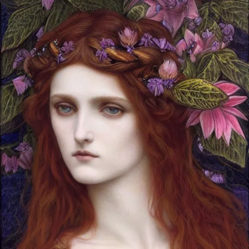 Prompt: Beautiful Pre-Raphaelite goddess of snakes, in the style of John William Godward and Anna Dittman, close-up portrait, porcelain skin, head in focus, flowers and plants, etheric, moody, intricate, mystical,