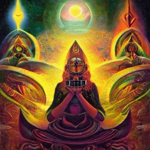 Image similar to the sacred goddess, hermetic, occult, surreal, hidden knowledge by Paul Lehr, Karl Kopinski, Ayahuasca'