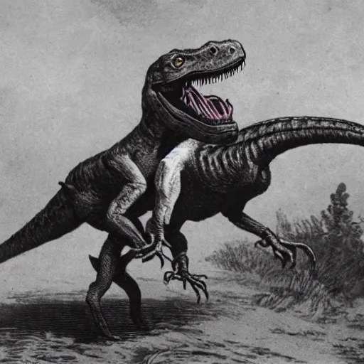 Image similar to jules vern riding a velociraptor