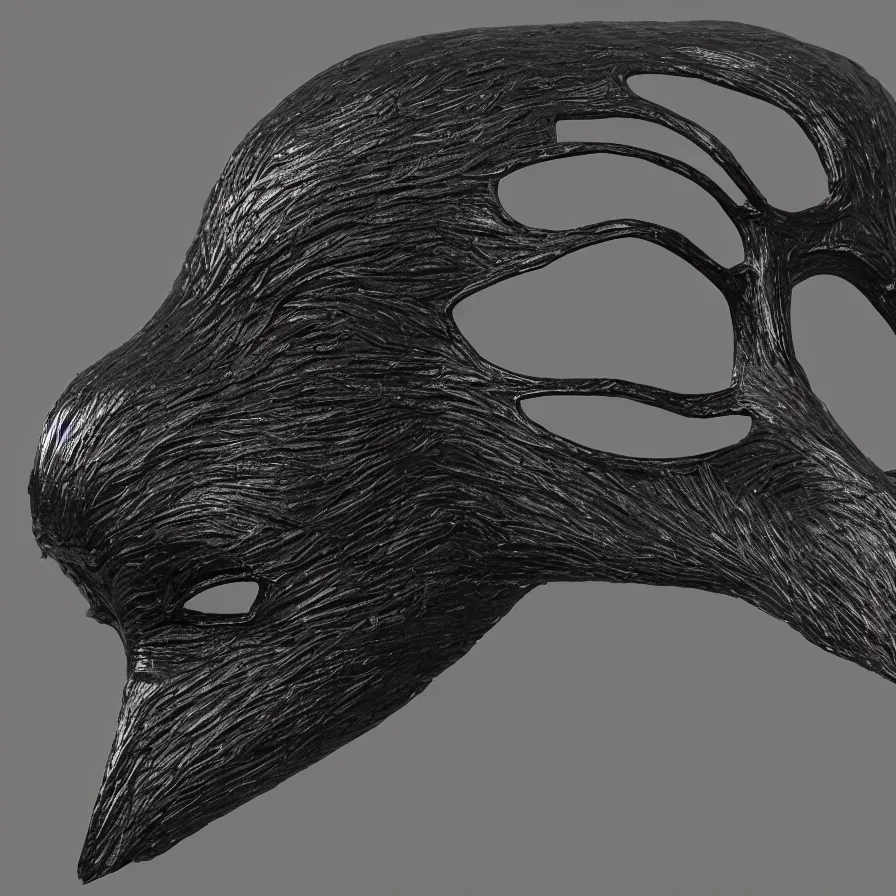 Image similar to an image of a masquerade mask shaped like a raven sitting on a wooden desk, highly detailed, cinematic lighting, realistic, 8 k, rendered in unreal