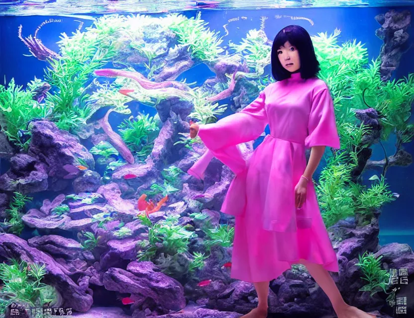 Image similar to southeast asian scifi alchemist in an aquascaped freshwater aquarium, wearing a lovely dress with vaporwave elements. this oil painting by the award - winning mangaka has an interesting color scheme and impeccable lighting.