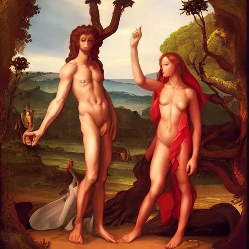 Prompt: adam and eve at paradise as a raphael paint, forbidden tree, art concept, artstation,