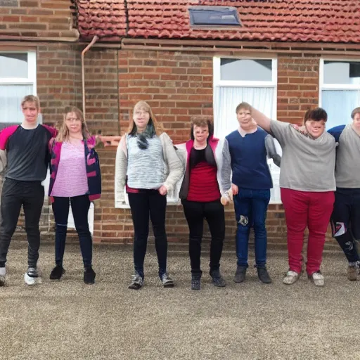 Prompt: 5 young people with downsyndrome moving house