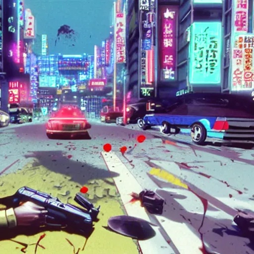 Image similar to 1991 Video Game Screenshot, Anime Neo-tokyo Cyborg bank robbers vs police shootout, bags of money, Police Shot, Bullet Holes and Blood Splatter, Anime VFX, Violent, Action, MP5S, FLCL, Highly Detailed, 8k :4 by Katsuhiro Otomo + Studio Gainax + Arc System Works : 8