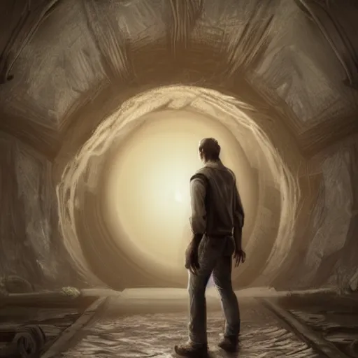 Image similar to a man walking into the portal, concept art, illustration, highly detailed, artwork, cinematic, hyper realistic, art station