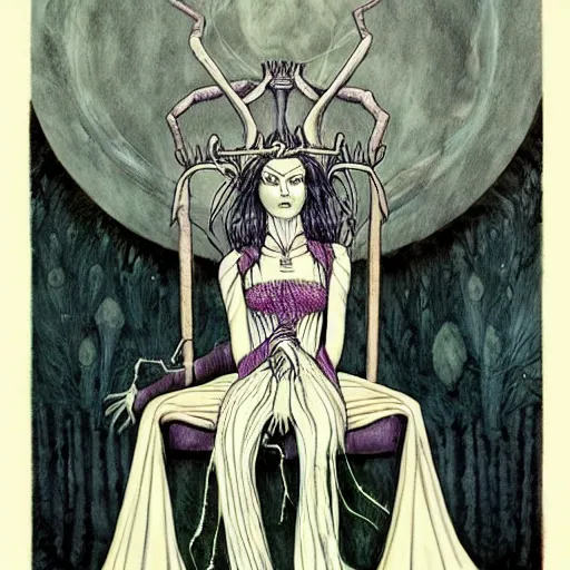 Image similar to the smiling beautiful female queen witch occult with giant spiderlegs surrounding her throne by gerald brom by anna steinbauer by kelly mckernan by edward gorey, trending on artstation