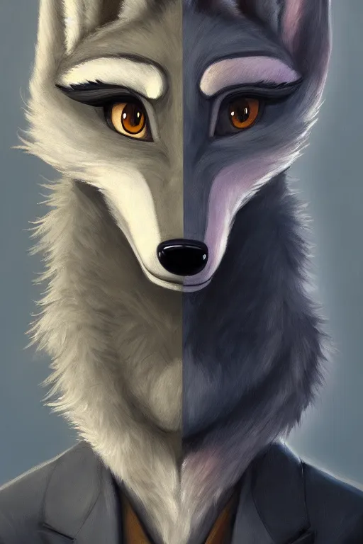 Image similar to oil painting of anthromorphic female wolf, in style of zootopia, female fursona, furry, furaffinity, 4 k, deviantart, furry art, fursona art, wearing black business suit, business suit, wolf fursona, female, very expressive detailed feminine face,