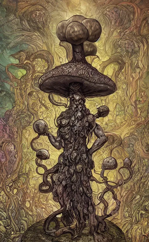 Image similar to a hyperdetailed dnd tarot card design, magnificent shrigma the mushroom deity as depicted in a colossal marble statue ( with godlike bodybuilder physique ) left by ancient greeks, hd tarot card depicting eldritch statue of a mushroom god with cute large mushroom hat, hdr, 8 k, dslr, surreal photo, artstation