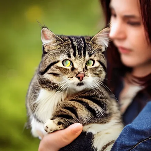 Prompt: a woman holding a cat, cinematic, realistic