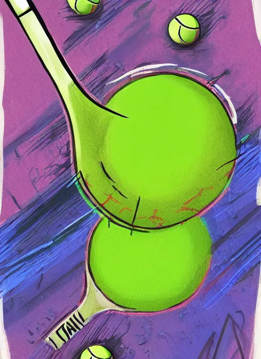 Image similar to tennis ball monsters playing tennis, a tennis ball monster, tennis ball, colorful, digital art, fantasy, magic, trending on artstation, ultra detailed, professional illustration, chalk, poster artwork by basil gogos, clean