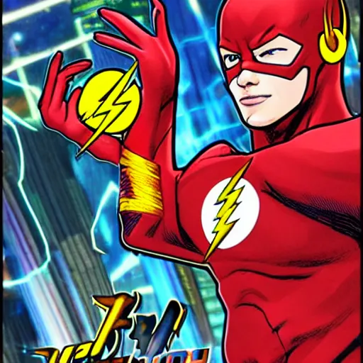 Prompt: a trading card featuring dc comics'the flash, vibrant superhero comic style art, digital art, highly detailed, trending on artstation, legible text, pokemon trading card game