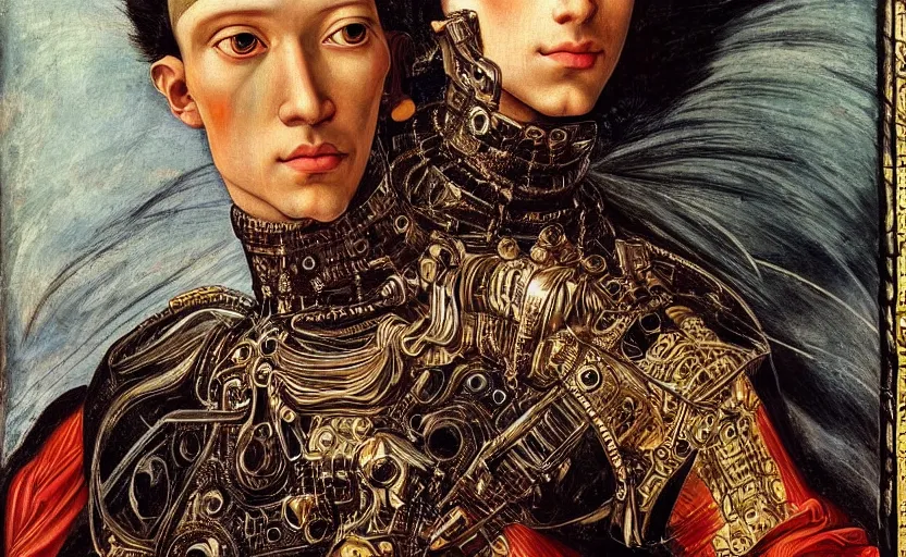 Image similar to beautiful cyborg king, intricate royal garment, piercing glowing eyes, intricate, highly detailed, incredible lighting, mural in the style of sandro botticelli, caravaggio, albrecth durer