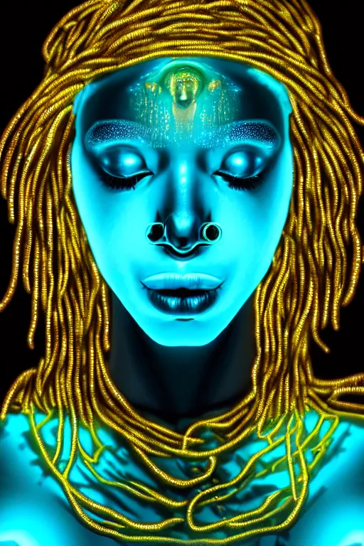 Image similar to hyperrealistic cybernetic cinematic bioluminescent very expressive! oshun goddess whole body underwater, gold jewerly, highly detailed face, digital art masterpiece, smooth eric zener cam de leon, dramatic pearlescent turquoise light on one side, low angle uhd 8 k, shallow depth of field