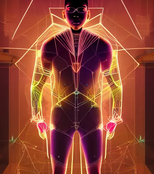 Image similar to symmetry!! egyptian prince of technology, solid cube of light, hard edges, product render retro - futuristic poster scifi, lasers and neon circuits, brown skin man egyptian prince, intricate, elegant, highly detailed, digital painting, artstation, concept art, smooth, sharp focus, illustration, dreamlike, art by artgerm