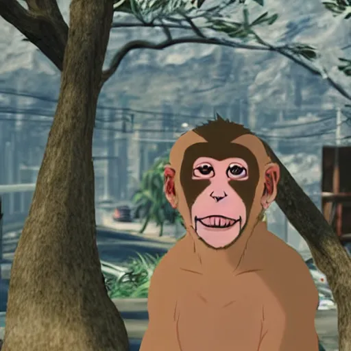 Prompt: Macaque in grand theft auto among cute anime girls