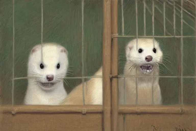 Prompt: a couple of ferrets that are in a cage, a pastel by rosa bonheur, pixiv, incoherents, furaffinity, dye - transfer, creative commons attribution