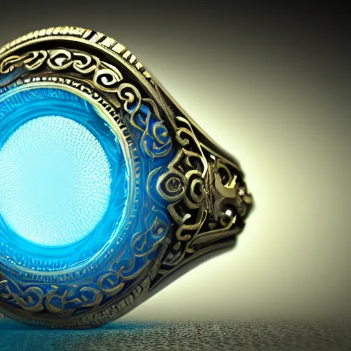 Image similar to a fantasy ring, blue glow, realistic reflections, intricate details, cinematic lighting, depth of field, octane render