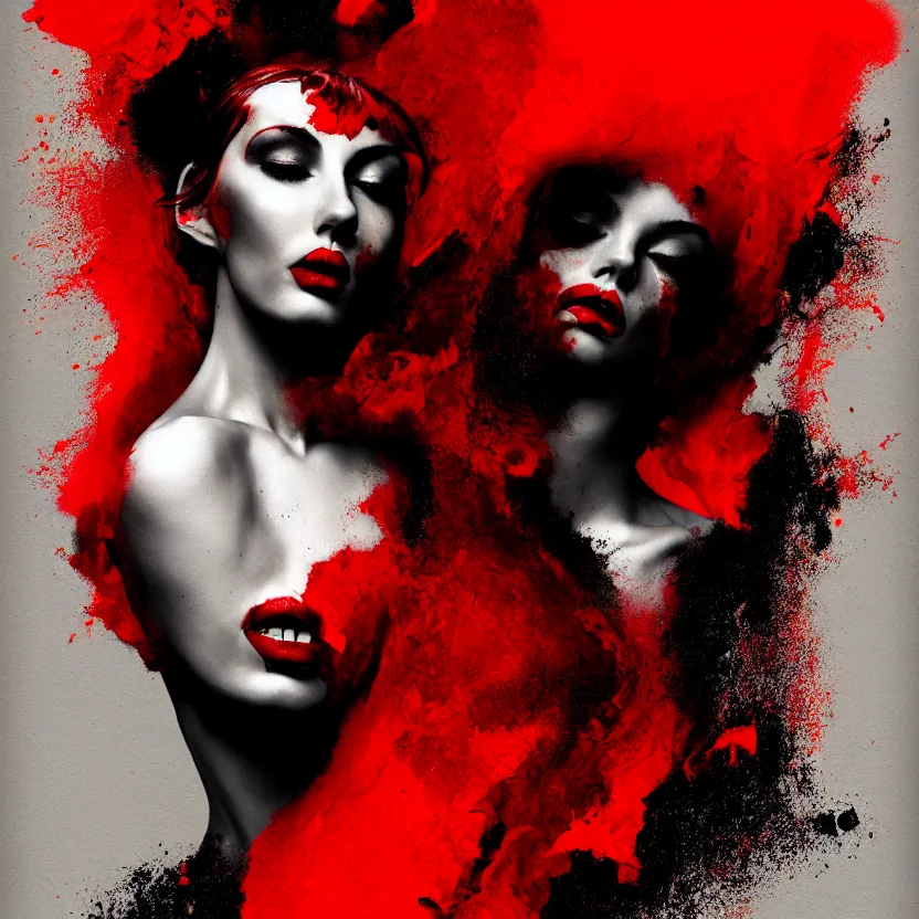 Image similar to a digital painting of a woman in red and black, an ultrafine detailed painting by alberto seveso, featured on deviantart, modern european ink painting, biomorphic, behance hd, lovecraftian