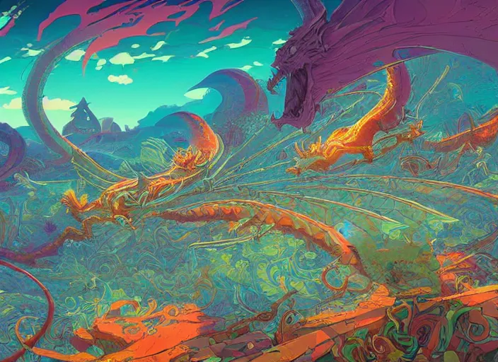 Image similar to psychedelic concept art of a dragon landscape made of thousands of spiraling dragons, cel shaded, in the style of makoto shinkai and moebius and peter mohrbacher and anton fadeev