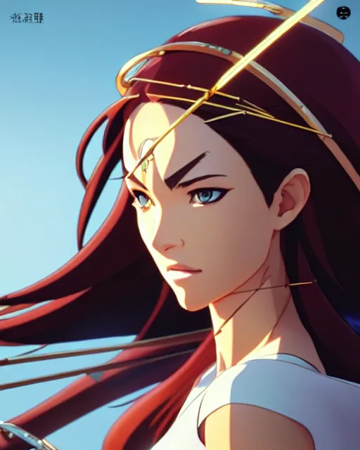 Prompt: azctec archer, megan fox, gemstone forehead, detailed perfect face, exquisite details, fire magic, mid view, design on a white background, by studio muti, greg rutkowski makoto shinkai takashi takeuchi studio ghibli