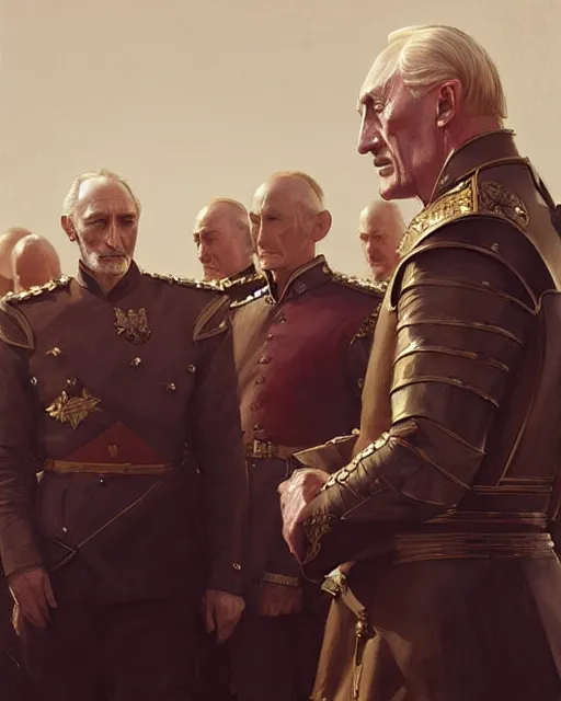 Image similar to tywin lannister discusses war strategy with his generals | | realistic shaded, fine details, realistic shaded lighting painting by greg rutkowski, diego gisbert llorens, magali villeneuve, artgerm, jeremy lipkin, michael garmash, rob rey