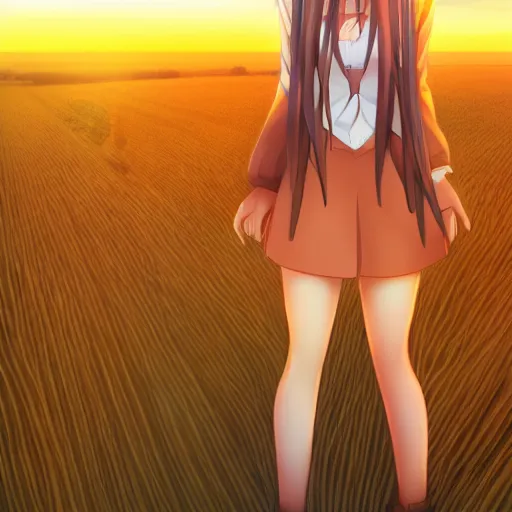 Image similar to Holo from Spice and Wolf standing in a wheat field at sunset, Holo is a wolf girl, high detail, anime key visual, beautiful, 8k resolution, trending on pixiv