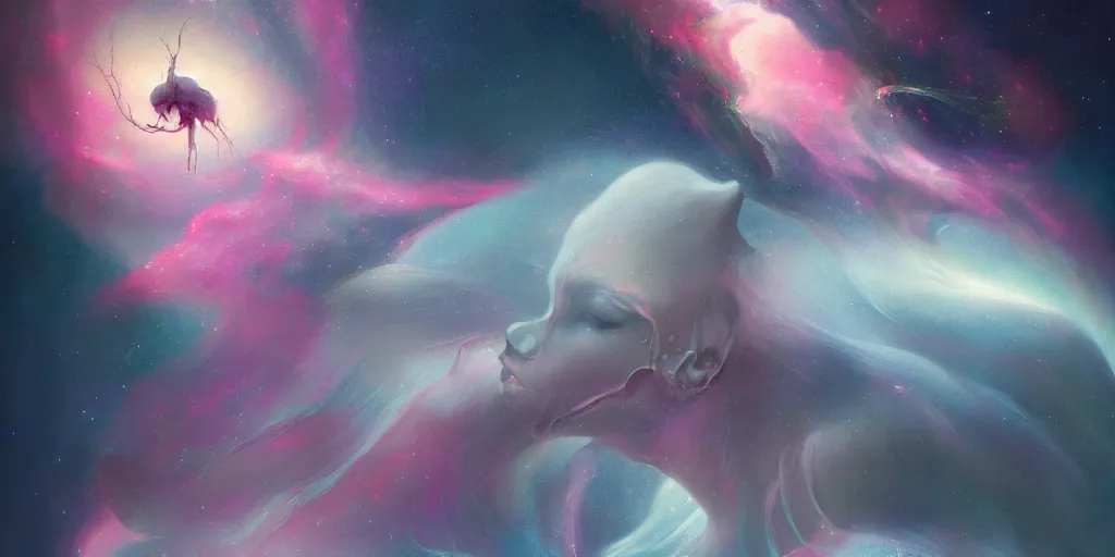 Image similar to breathtaking delicate detailed concept art painting creature with nebula space inside, by hsiao - ron cheng, bizarre compositions, exquisite detail, pastel colors, 8 k