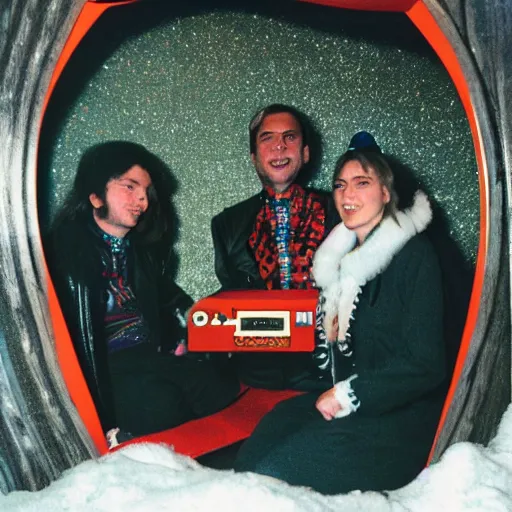 Prompt: first-person perspective view of three people wearing discowear having a party inside of a 1970s luxury a-frame cabin with a soviet computer console on the wall, exterior is a winter evening forest, ektachrome photograph, f8 aperture