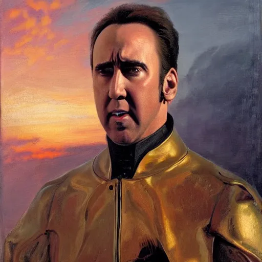 Image similar to Nicolas Cage as an Android, oil on canvas, golden hour, artstation, by J. C. Leyendecker and Peter Paul Rubens,