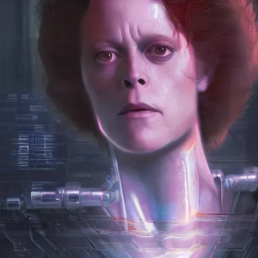 Image similar to sigourney weaver as molly millions, neuromancer, a young beautiful woman, mirror eye implants, cyberpunk, high detail, dramatic light, digital art, dark, promotional art painted by seb mckinnon and greg rutkowski, trending on artstation