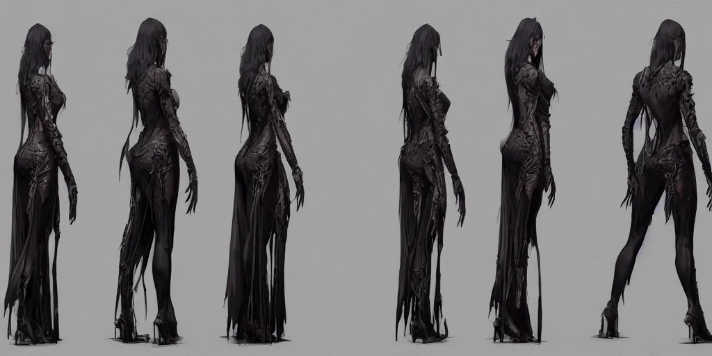 Image similar to gothic character back view and side view detail designs, Milo Manara, Greg Rutkowski, character sheet, Darek Zabrocki, Karlkka, Jayison Devadas, Phuoc Quan, trending on Artstation, 8K, ultra wide angle, pincushion lens effect