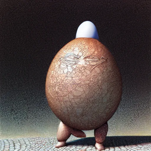 Prompt: humpty dumpty in form of egg, detailed pattern on skin, front view by luis royo and wayne barlowe, beksinski