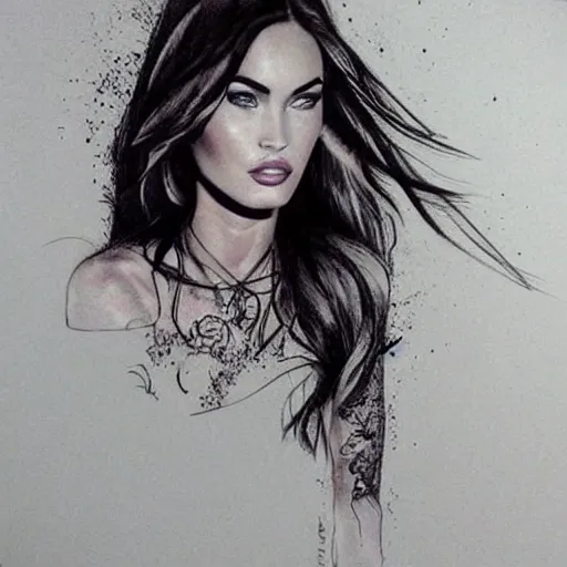 Image similar to megan fox beautiful mountains, double exposure effect, medium sized tattoo sketch, amazing detail, on pinterest