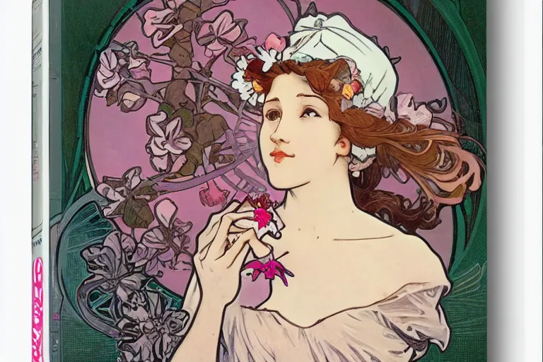 Prompt: a pretty girl with a robotic arm holding a flower, graphic novel, miniature faking, alphonse mucha, baby pink color, ceramic, dof