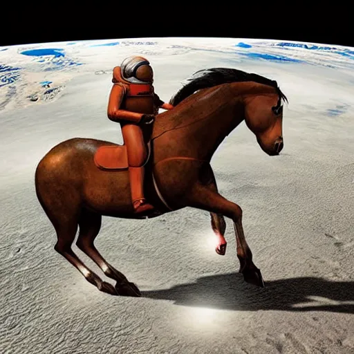 Image similar to a! horse! riding on a cosmonaut photorealistic