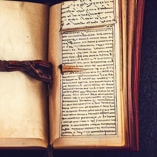 Prompt: a closeup of a closed book sitting on a desk, beside the book is an ancient scroll map of an island, dark, single light, vignette, magic, fantasy