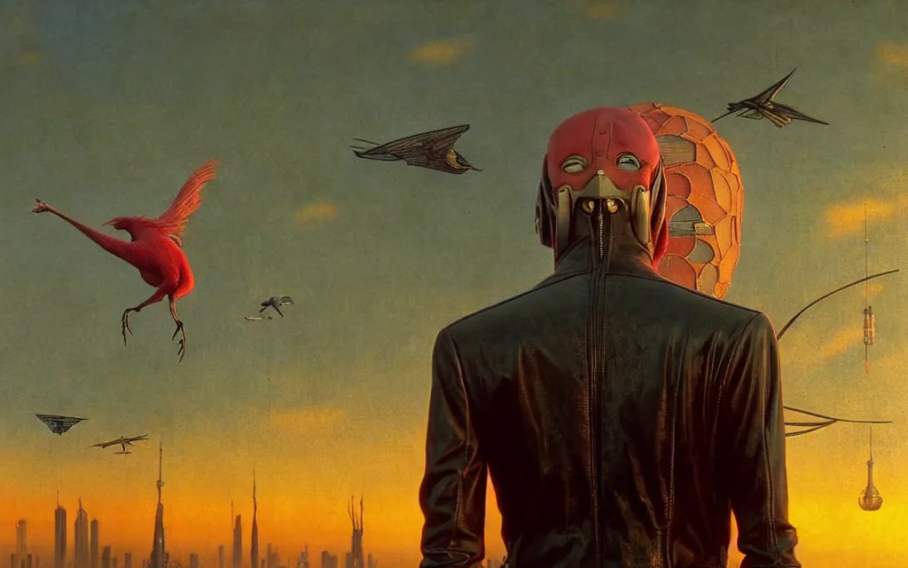 Prompt: realistic detailed portrait movie shot of a birdman wearing leather jacket, futuristic city sunset landscape background by denis villeneuve, amano, yves tanguy, alphonse mucha, ernst haeckel, max ernst, roger dean, rich moody colours, cinematic