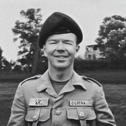 Image similar to Rick Astley as a soldier during WW2, grainy monocolour photo