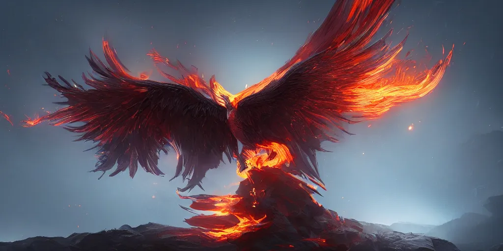 Prompt: artwork of one flame phoenix, highly detailed, artstation, night black sky background, smooth illustration, digital art, unreal engine, ultra realistic, fine art, concept art