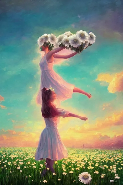 Image similar to veil of giant white daisy flower as head, girl dancing in a flower field, surreal photography, sunrise, dramatic light, impressionist painting, colorful clouds, digital painting, artstation, simon stalenhag