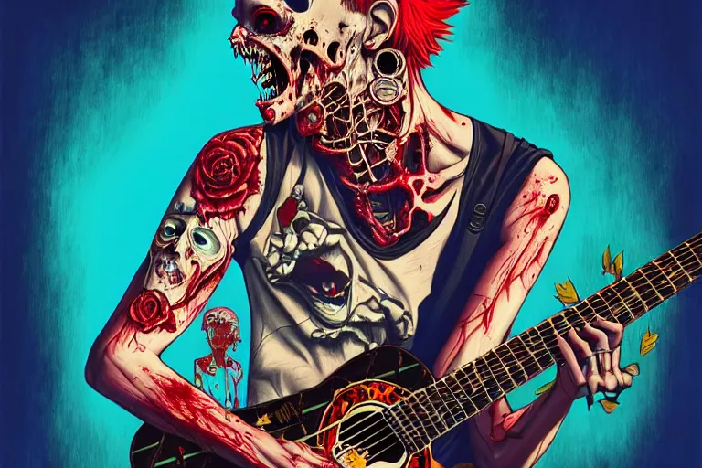 Image similar to zombie punk rocker playing acoustic guitar, tristan eaton, victo ngai, artgerm, rhads, ross draws, intricated details, 3 / 4 view, full body portrait