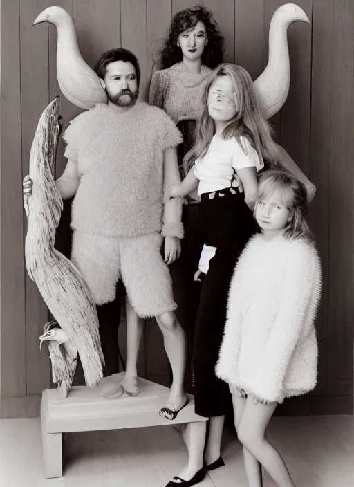 Image similar to realistic photo portrait of the family wearing fluffy shorts, beautiful symmetrical faces, standing in the wooden polished and fancy expensive interior room next to a wooden bird idol sculpture 1 9 9 0, life magazine reportage photo