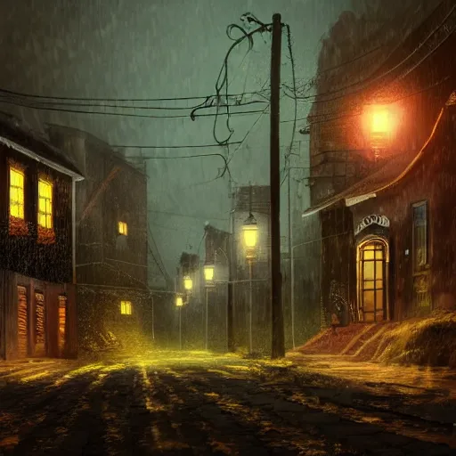 Image similar to a beautiful dark rural city ally at night, there are lanterns reflecting in the cold rain, trending on artstation, 4k