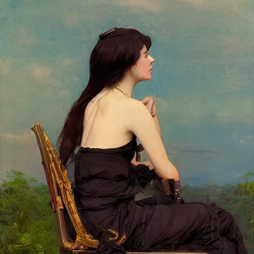 Image similar to painting by frederic edwin church, balaskas christoper, conrad roset, coby whitmore, and chie yoshii. of a beautiful girl sitting on a stool facing away from viewer in bungalow