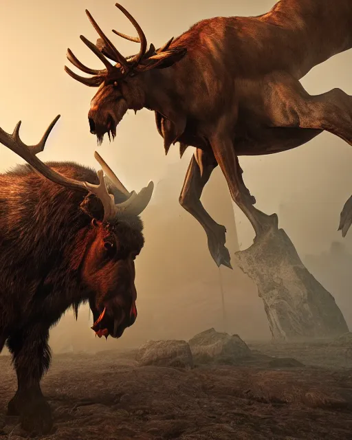 Prompt: barbarian rising demonic moose, hyper realism, cinematic, volumetric lighting, high detail, octane render, unreal engine, 8 k, vibrant colors, depth of field, concept art, dnd, digital art, ray tracing, apocalyptic, extremely detailed, very sharp,