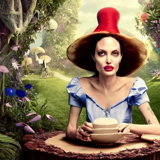 Image similar to Angelina Jolie as Alice in Wonderland talking to the Cheshire Cat that is sitting on a beautiful mushroom, hyperrealistic, highly detailed, depth of field, High definition, 8k, octane render, artstation