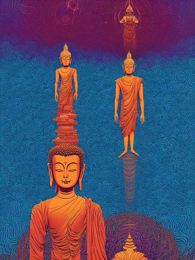 Prompt: symmetry!! stunning levitating buddha!! by victo ngai, kilian eng vibrant colours, dynamic lighting, digital art, winning award masterpiece, fantastically beautiful, illustration, aesthetically inspired by beksinski and dan mumford, trending on artstation, art by greg rutkowski, 8 k